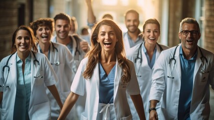 Team of cheerful doctors celebrating their success in modern hospital. - obrazy, fototapety, plakaty