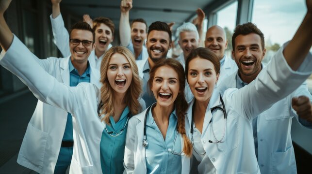 Team of cheerful doctors celebrating their success in modern hospital.