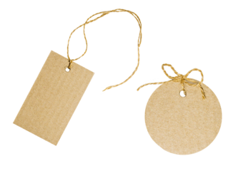 Set/set of brown tags with cord or thread made of natural craft paper and cardboard. Different shapes and positions. Light colored thread. Cut out on a blank background. PNG