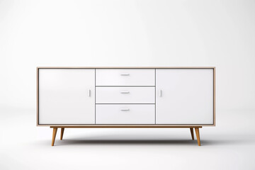 Wooden sideboard. Front view of minimalist sideboard on white background. Created with generative AI.
