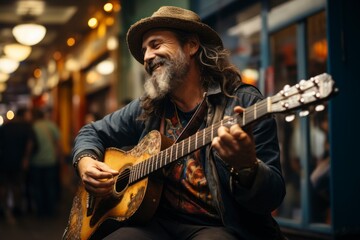 A street musician passionately playing a guitar on a bustling city corner, drawing a crowd of listeners and adding a touch of melody to the urban atmosphere