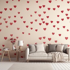 Gray couch, a table with a lamp, books and flowers. Pastel wall color with hearts. Romantic concept. Valentine's Day or Women's Day.