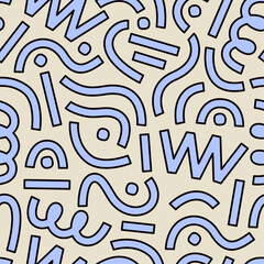Geometry pattern with blue curves and geometric shapes. Modern Memphis pattern. Confetti background. Pattern with dots, curves, and lines.