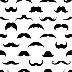 Mustache seamless pattern. Different black silhouettes of male moustaches on white background. Retro style. Vector flat illustration