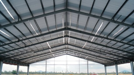 Warehouse metal roofing, Large steel roof structure at industrial building or factory.