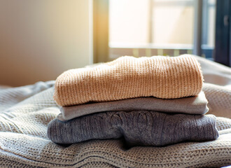 Cozy Home sweaters folded on a bed in Winter 