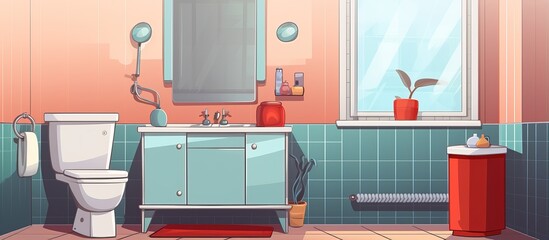 Cartoon style illustrations of bathroom furniture equipment and interior elements like a boiler and mirror