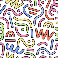 Childish pattern with colorful curves and geometric shapes. Fun and colorful seamless geometric pattern. Confetti background. Pattern with dots, curves and lines.