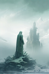 illustration painting of Fantasy art landscape with giant statue - digital illustration. Mythology