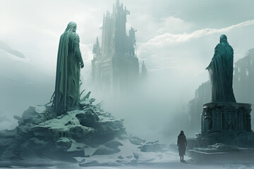 illustration painting of Fantasy art landscape with giant statue - digital illustration. Mythology