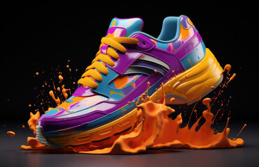 In the Metaverse: Vibrant paint-splashed trainer, NFTs, E-commerce, fashion trend. Grab attention.