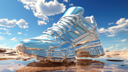 In the Metaverse: Bold silver trainer, NFTs, E-commerce, fashion trend. Stand out