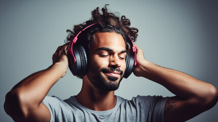 A joyful man immersed in music with wireless headphones, celebrating his love for melodies.