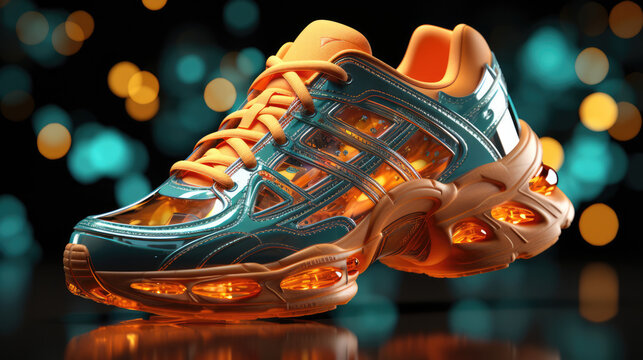 In the Metaverse: Striking bright trainers, NFTs, E-commerce, fashion trend. Stand out."