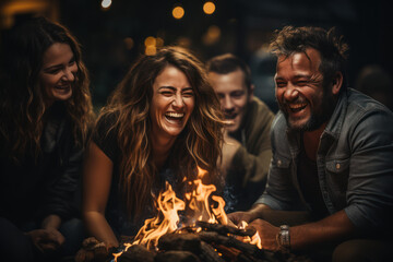 A group of friends sharing hearty laughs around a bonfire, showcasing the bonding power of humor. Concept of humor in social gatherings. Generative Ai.