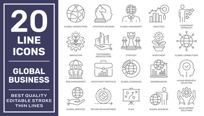 Modern thin line icons set of global business services and worldwide operations. Premium quality outline symbol collection. Simple linear pictogram pack for web graphics. Editable Stroke. EPS 10 - obrazy, fototapety, plakaty