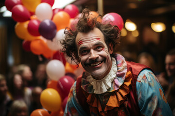 Obraz premium A clown performing at a children's birthday party, creating a world of whimsy and laughter for young ones. Concept of humor in children's entertainment. Generative Ai.