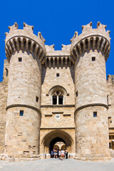 Panorama of old town, famous Knights Grand Master Palace and Mandraki port, Rhodes island, Greece.