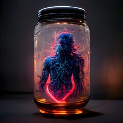 highly detailed neon wood human creature in a centred glass jar glowing liquid in jar 8k hyper realistic octane rendered  - obrazy, fototapety, plakaty