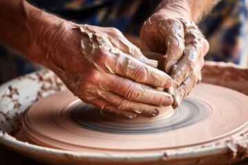 Potter's Hands Shaping Clay on Wheel in Workshop