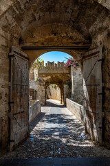 Fototapeta na wymiar Panorama of old town, famous Knights Grand Master Palace and Mandraki port, Rhodes island, Greece.
