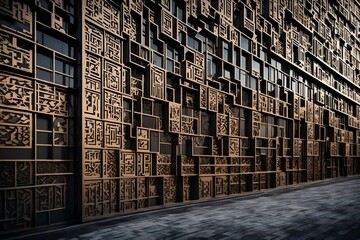  an image of a building exterior with a striking 3D wall design, featuring intricate patterns and materials that make the façade stand out. 
