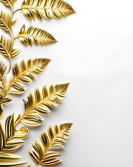 Gold plated 3D fern leaves forming a border on white background. Card with space for text. Luxurious, oriental style
