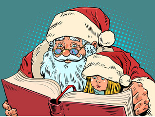Spending Christmas with loved ones. Santa Claus is reading a book to a little girl. Seasonal sales for bookstores and markets. Pop Art Retro