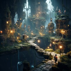 video game environment open world dense village in a canyon with waterfalls and bright neon lights
