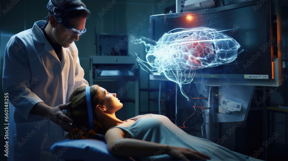 Aufkleber scifi scene of a neuroimplant spet conducting a virtual simulation of a patients brain, using advanc