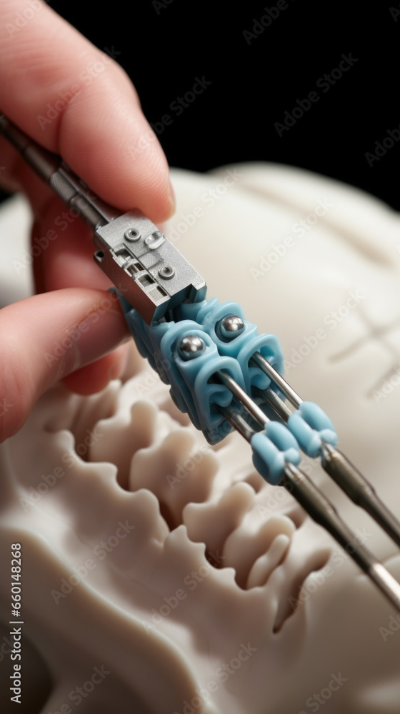Aufkleber closeup of a neuroimplant spet performing routine maintenance on a patients neural implant. using a 