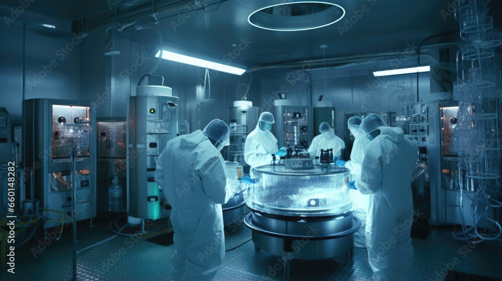 Aufkleber scifi scene of a busy cryogenic preservation facility, with multiple technicians simultaneously prep