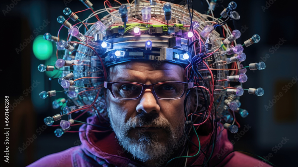 Aufkleber portrait of a quantum cryptographer wearing a specialized headpiece that allows them to tap into the