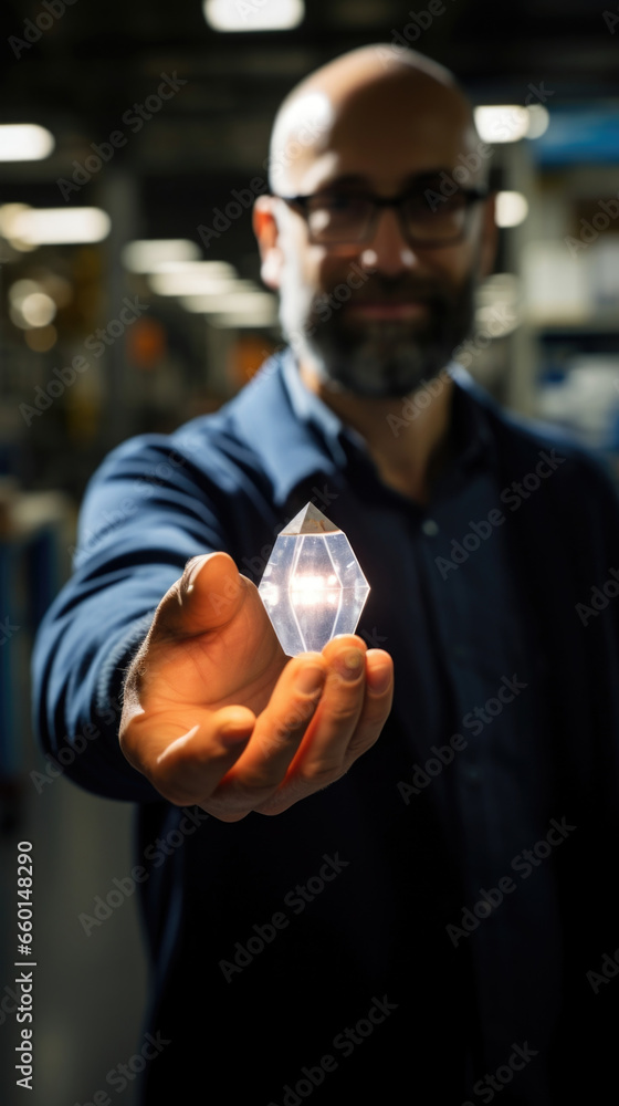 Aufkleber closeup of a quantum cryptographer holding a small, glowing crystal in their hand, which contains th