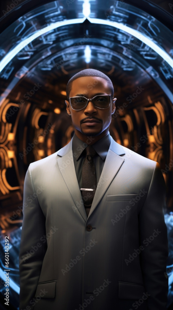 Aufkleber portrait of a determined quantum cryptographer, wearing a sleek, hightech suit complete with builtin