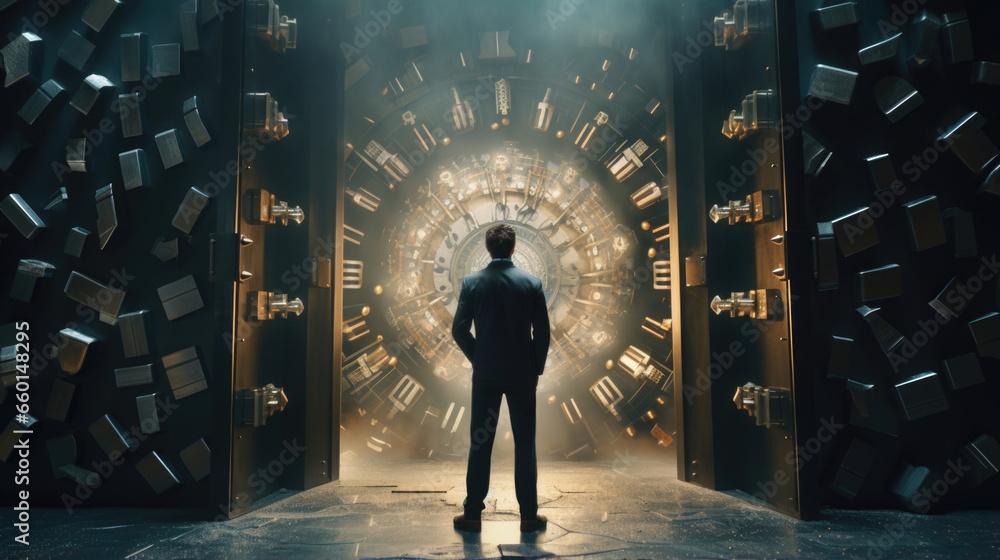 Aufkleber scifi scene of a quantum cryptographer standing in front of a massive vault, guarding the most sensi