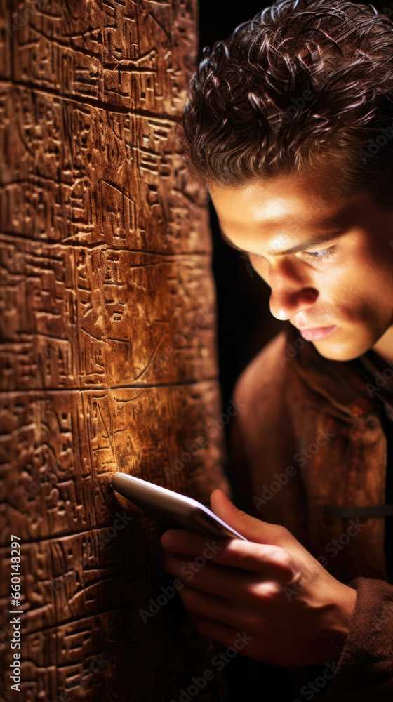 Aufkleber closeup of a xenolinguist studying an ancient alien text, using advanced technology to decipher the 