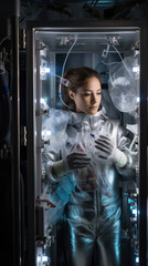 Portrait of a Cryonics Technician delicately removing any clothing or jewelry from the body before placement in the preservation chamber, ensuring no external elements interfere with the