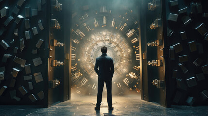 Scifi scene of a Quantum Cryptographer standing in front of a massive vault, guarding the most sensitive information in the universe with their unbreakable quantum encryption techniques.
