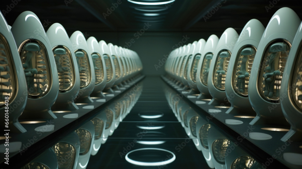 Poster scifi scene of a cloning facility, with rows of identical clones in pods, highlighting the controver