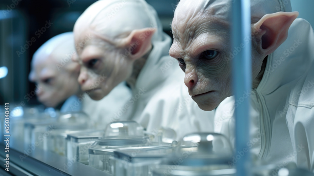Aufkleber closeup of a clone in a lab, their expression showing a mix of curiosity and fear as they contemplat