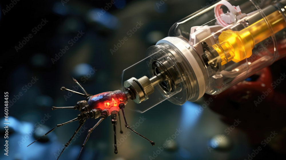 Aufkleber closeup of a small, insectlike robot being injected into a patients stream. this tiny machine, devel