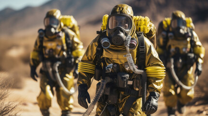 Closeup of a group of people wearing exosuits, equipped with advanced filtration systems, as they make their way through a toxic wasteland. The Earths once pristine lands have been contaminated