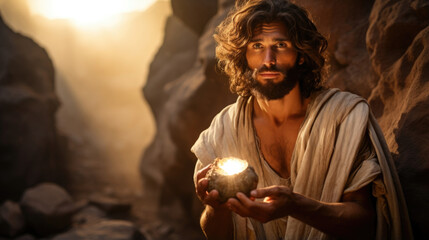 Fototapeta premium Portrait of a man holding a sacred artifact and leading his cult in a quest to find the promised land, leaving a trail of destruction in their wake.