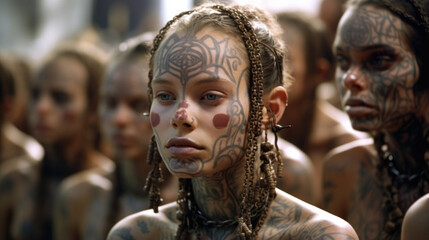 Closeup of a cult ceremony where members undergo extreme body modifications in order to physically resemble their deity, demonstrating their unwavering devotion.