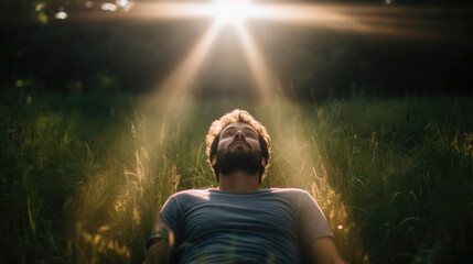 Obraz premium Portrait of a person waking up in a beam of light in the middle of a field, with no recollection of how they got there or what hapd during their alien abduction.