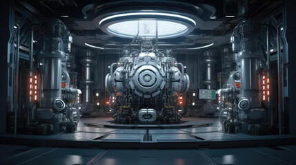 Scifi scene of a spaceships engine room, where engineers use alien biotech to power and navigate the ship through space. The technology also allows for fasterthanlight travel, making interstellar