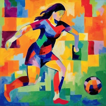 Girl playing football / soccer with a football - Fauvism style painting in oil paint with natural textures, bright patterned colours, symbolic— Wall print or poster for interior design
