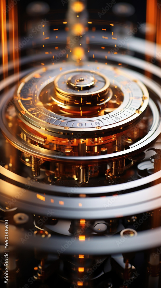 Aufkleber closeup of a time dilation device a machine with rotating rings of energy, capable of manipulating t