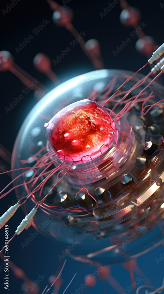 Aufkleber closeup of a nanorobot equipped with tiny tools and sensors, repairing damaged tissue at the cellula